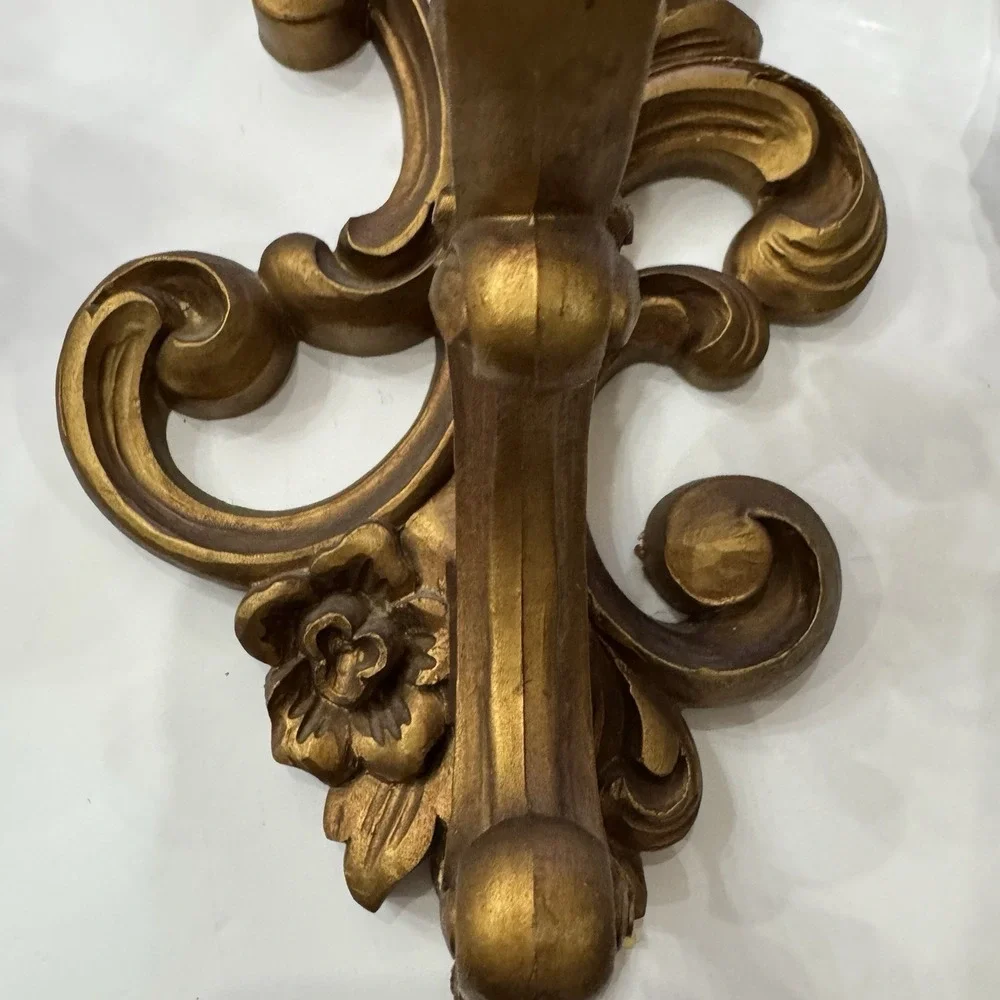 Vintage Homco Wall Sconces 2 Ornate Gold Scroll Candle Holders w/ Glass Votives